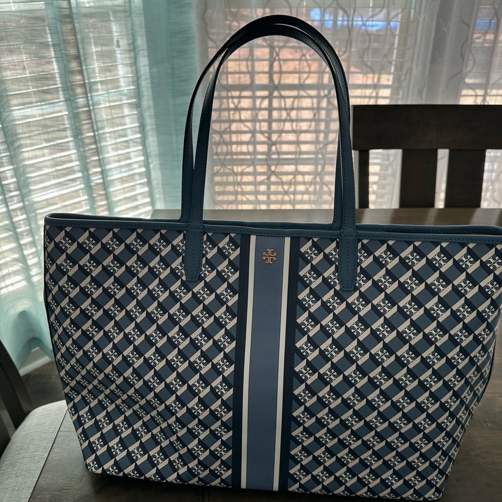 Tory Burch Navy and White Checkered Tote